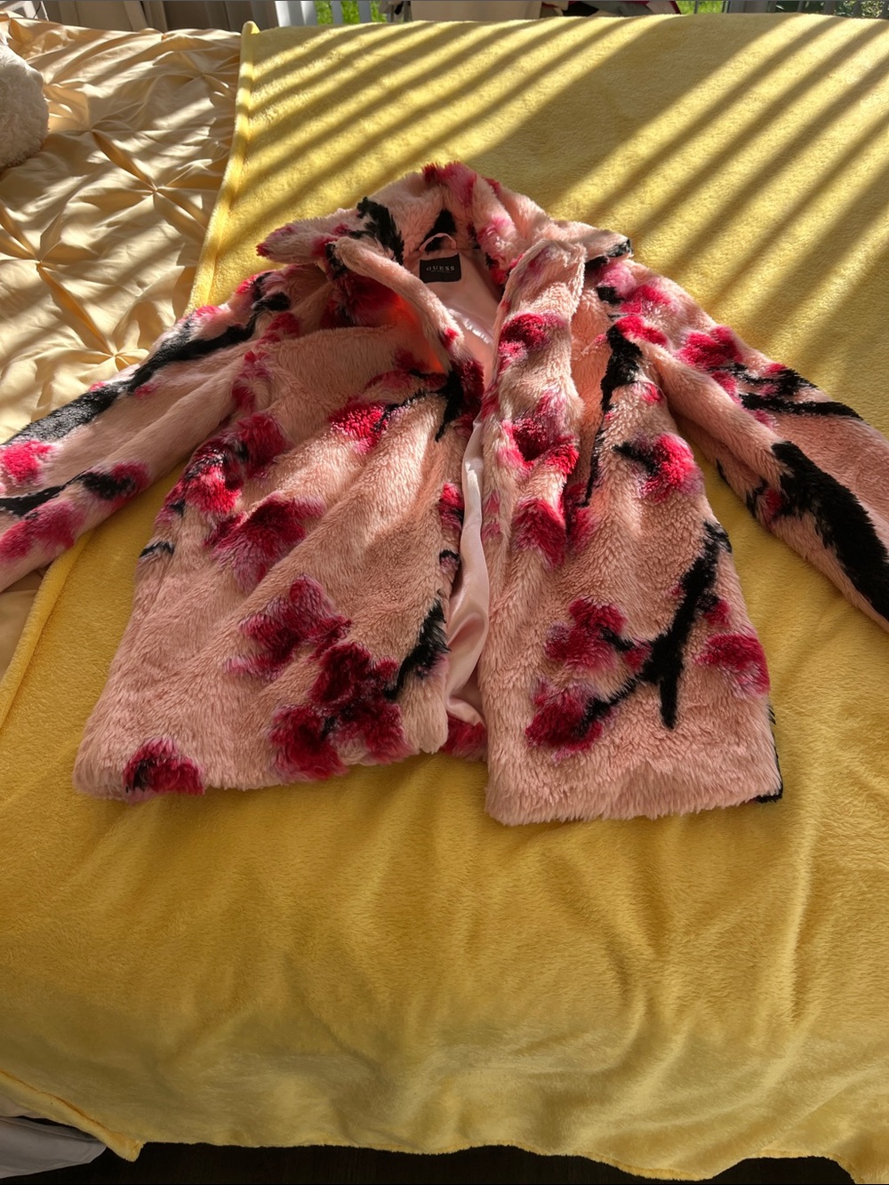 Guess Pink Faux Fur Floral Teddy Jacket with Black & Fuchsia Accents
